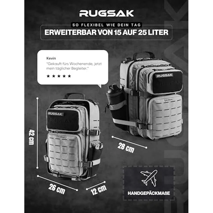 RUGSAK Alpha Go 25L Rucksack Ash Gray – Wasserabweisend, 18-Zoll Laptopfach, Ergonomisch, Alltag, Reise & Outdoor – Bild 5