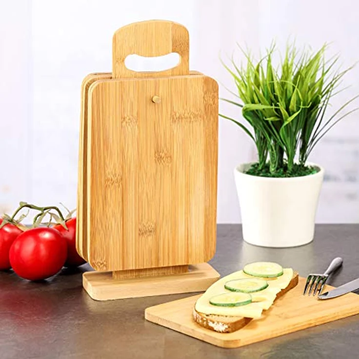 Bambus Frühstücksbrett Set 7 teilig - 6 Schneidebretter mit Ständer - Holzbrett Holz Schneidbrett Frühstücksbrettchen – Bild 2