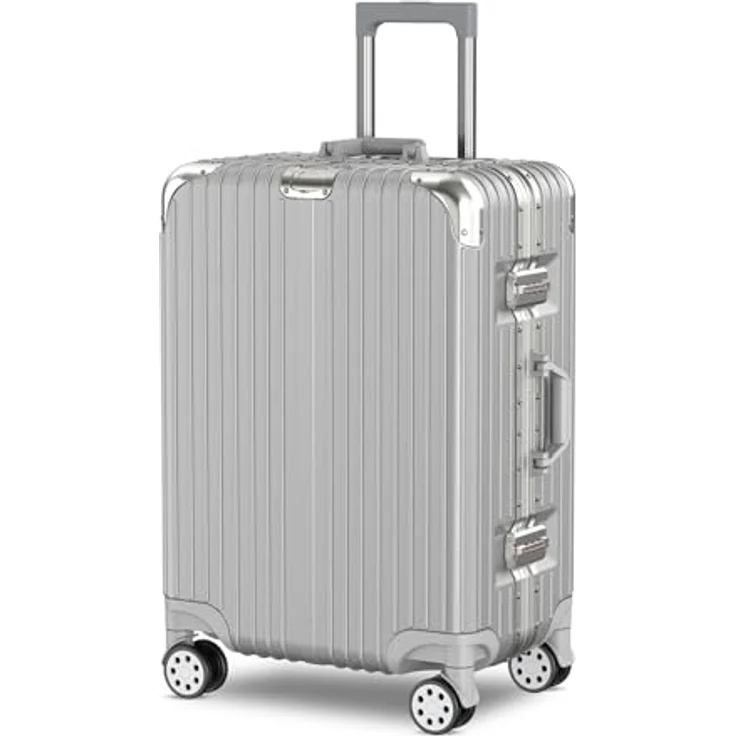 Voyagoux Koffer - 72L Hartschalenkoffer, Aluminium, TSA-Schloss, 4X Airwheel-System Rollen, Leichtgewicht, Silber, 66x42x26cm – Bild 1