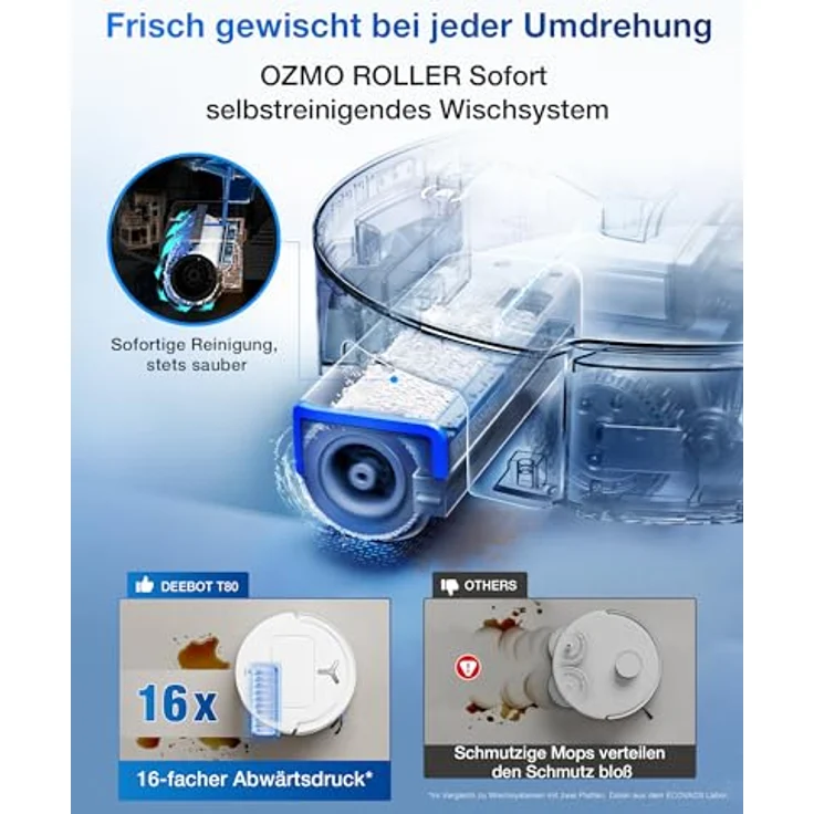 ECOVACS DEEBOT T80 Omni Saugroboter mit Wischfunktion, 18.000 Pa, OZMO Roller Wischwalze mit kontinuierlicher Frischwasser-Selbstreinigung, ZeroTangle 3.0,Moppwäsche mit 40-75℃ heißem Wasser, Schwarz – Bild 2