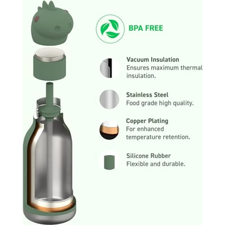 Asobu Bestie Dinosaurier-Wasserflasche, isolierte Edelstahl-Trinkflasche mit Silikon-Strohhalm, 460 ml, auslaufsicher, BPA-frei – Bild 3