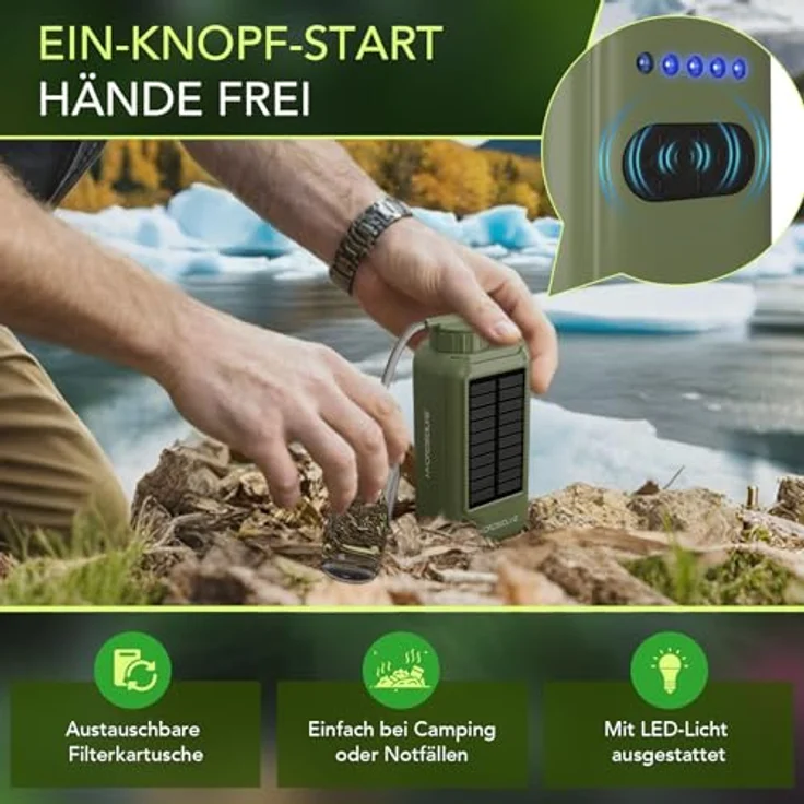 Neues Wasser HYDROSOLVE SolarPro Outdoor Wasserfilter, elektrisch mit 0,01-µm-Filtration, 5200-mAh-Akku, USB & Solar-Energie, tragbar – Bild 2