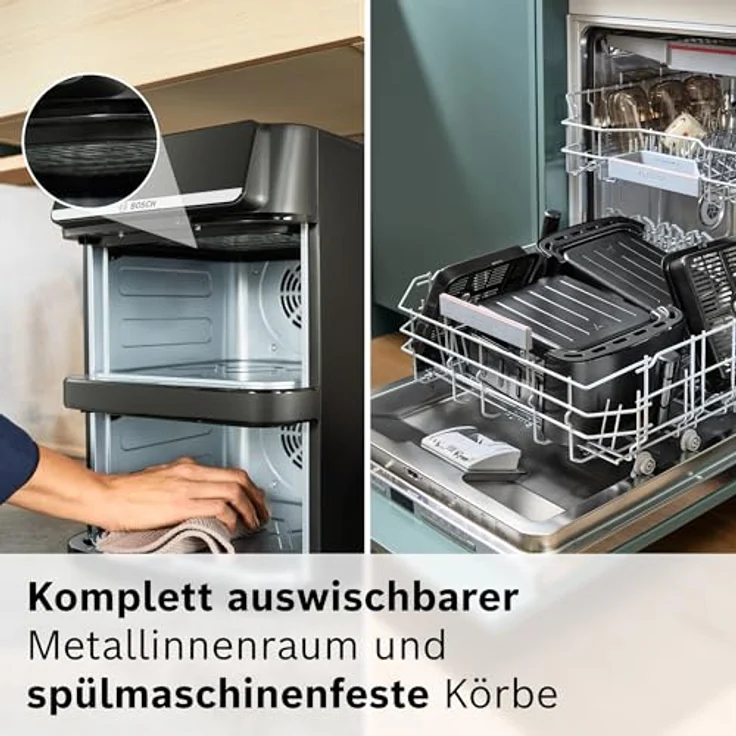 BOSCH Heißluftfritteuse Serie 6 MAFD661B0, XXL, 12L, PFAS-frei, Doppelkammer, 2800 W, platzsparend, einfache Reinigung, 6 Programme, schwarz – Bild 7