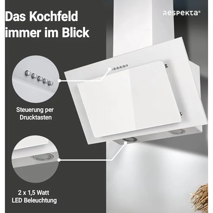 respekta CH 33060 WB, Motorhaube, Esse, Breite: 59.5 cm, Tiefe: 29 cm, Absaugung und Rückführung (mit zusätzlichem Rückführungsset), weiß – Bild 4