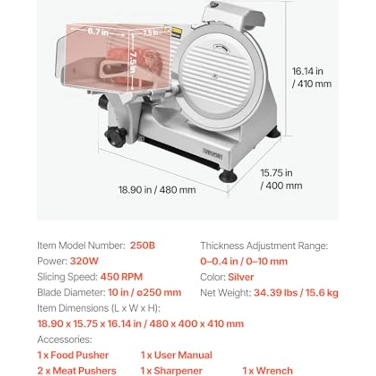 VEVOR Allesschneider 320 W, elektrische Aufschnittmaschine mit 25 cm Klinge, einstellbare Dicke 0-10 mm für gefrorenes Fleisch und Schinken, Silber – Bild 7
