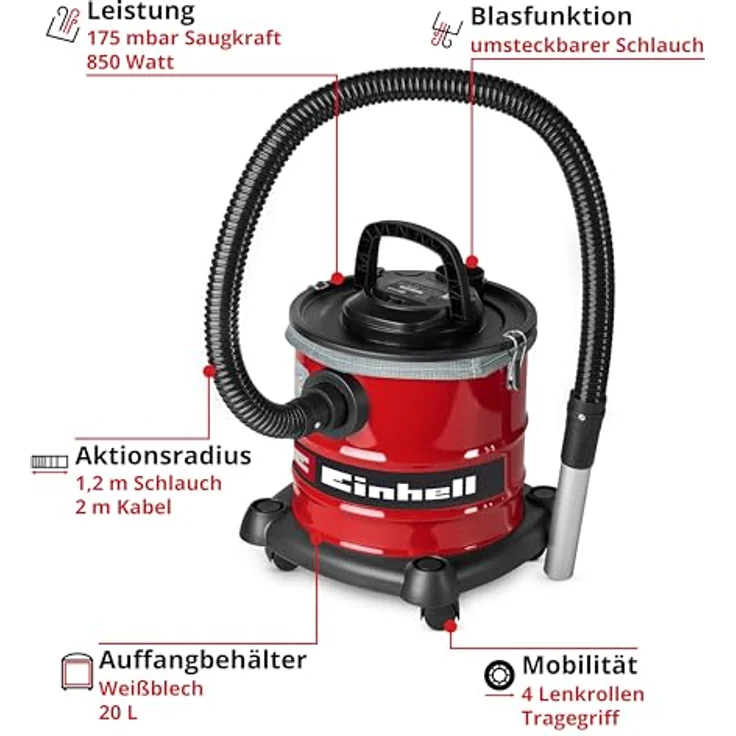 Einhell Aschesauger TC-AV 2032 DW, 850 W mit 175 mbar Saugleistung, 20 L Auffangbehälter, Faltenfilter, Blasfunktion, 1,2 m Schlauch, 2 m Kabel – Bild 3