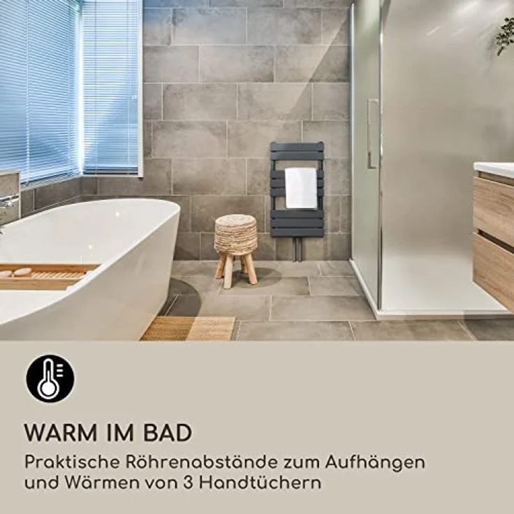 Blumfeldt Badheizkörper, Flacher Wand-Röhrenheizkörper, 355 W Vertikal mit Thermostat, energiesparend für Badezimmer & Wohnzimmer – Bild 2