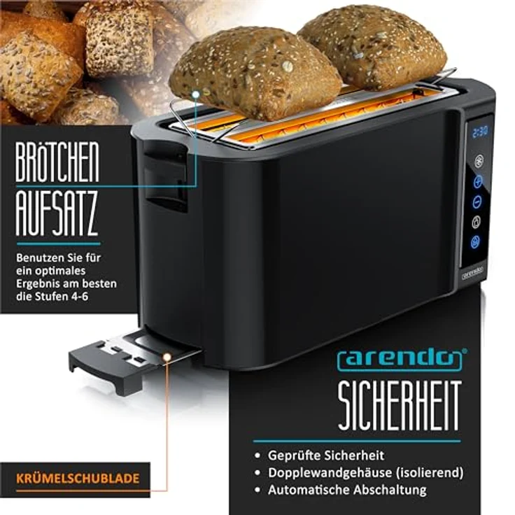 Arendo Edelstahl Toaster Langschlitz 4 Scheiben, Touchscreen, Doppelwandgehäuse, 7 Bräunungsgrade, Memoryfunktion, Klavierlack Schwarz – Bild 4