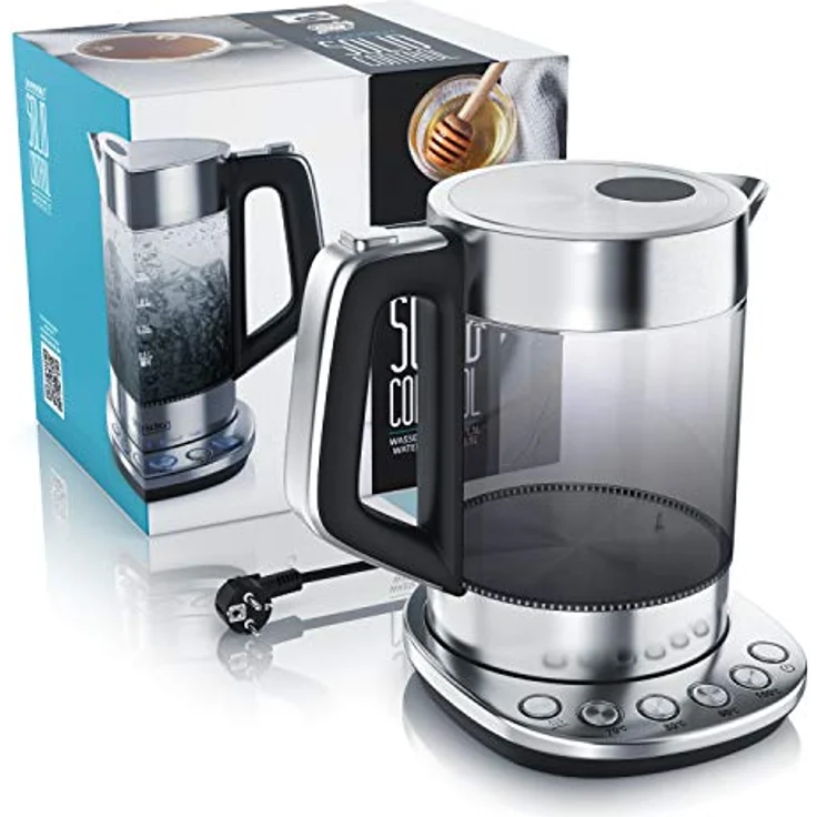 Arendo Rauchglas Glas-Wasserkocher mit Temperatureinstellung, 2200W, 1,5L, Edelstahl, Warmhaltefunktion – Bild 8