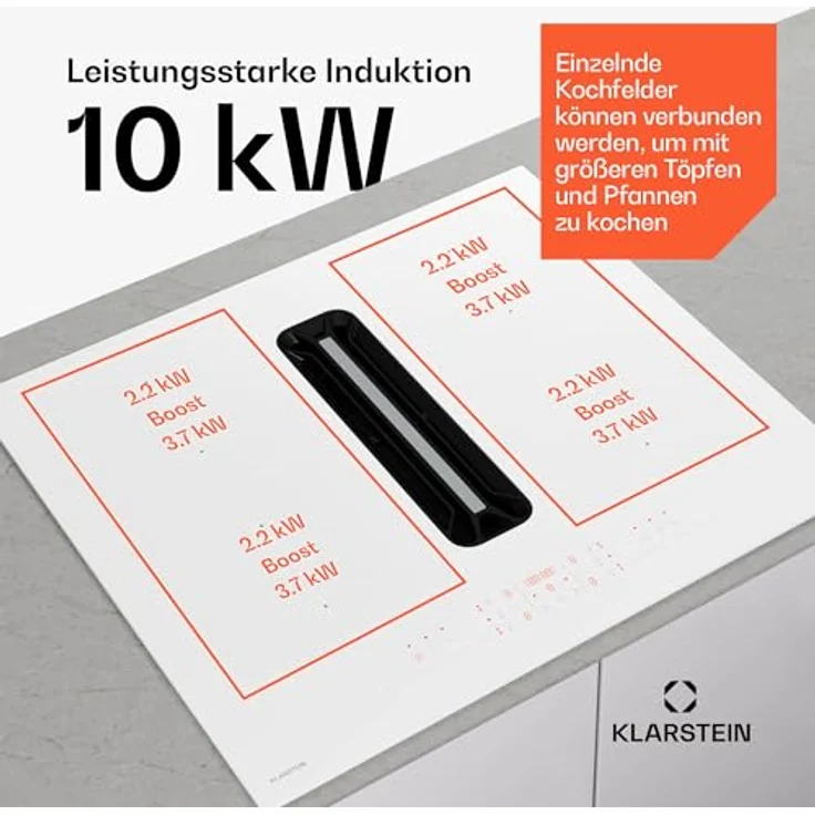 Klarstein AirJet FlexPro Induktionskochfeld mit integriertem Dunstabzug - A+ Energieeffizienz, 600 m³/h Abluft, 14 kW Leistung, 4 Flexzonen, leise 52 dB, Touch-Steuerung, Weiß – Bild 4