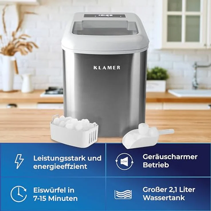 KLAMER Eiswürfelmaschine Weiss, 10 Eiswürfel in 7-9 Minuten, 15 kg Eiswürfel pro Tag, 2 Eiswürfelgrößen, 2,1 L Wassertank, 120 W Ice Maker mit Timer, Leiser Eiswürfelbereiter mit Eisschaufel – Bild 2