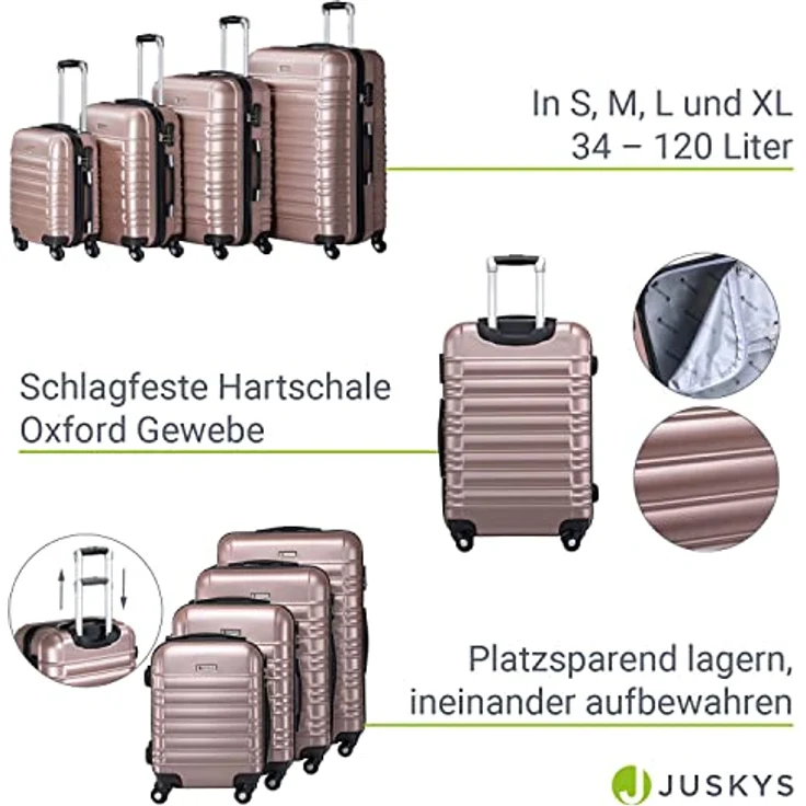 Juskys Hartschale Kofferset Reisekoffer 4 teilig - Zahlenschloss, geräuscharme 360° Rollen groß, Teleskopgriff, leicht - Koffer in Rosa – Bild 4