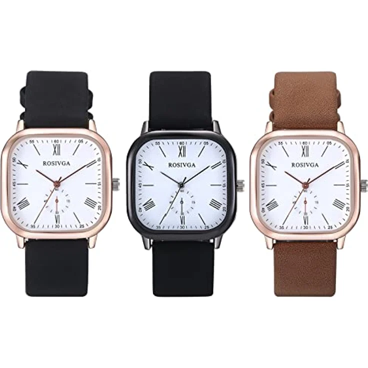 JewelryWe 3pcs Armbanduhr, Klassische Analog Quarz mit Römischen Ziffern, Lederarmband in Schwarz/Braun, Quadrat Zifferblatt, Wasserdicht bis 10M – Bild 1