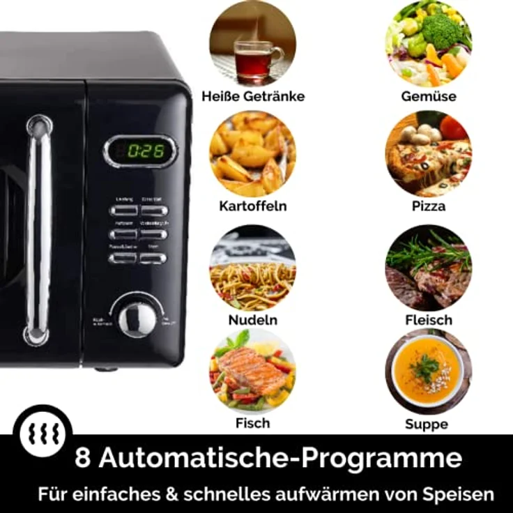 PKM WOLKENSTEIN Mikrowelle WMW720, Retro, Standgerät, 700 Watt, schwarz, 20 Liter Garraum, 8 Automatik-Programme, Drehteller, 60 Min Timer, Kindersicherung – Bild 4