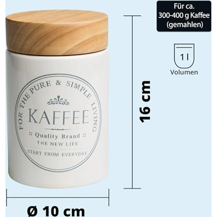 KHG Kaffeedose luftdicht, Vorratsdose für 250g Kaffeebohnen / 300-400g Kaffeepulver, Keramik Weiß mit Holzdeckel, glänzend glasiert, rund, beschriftet – Bild 4