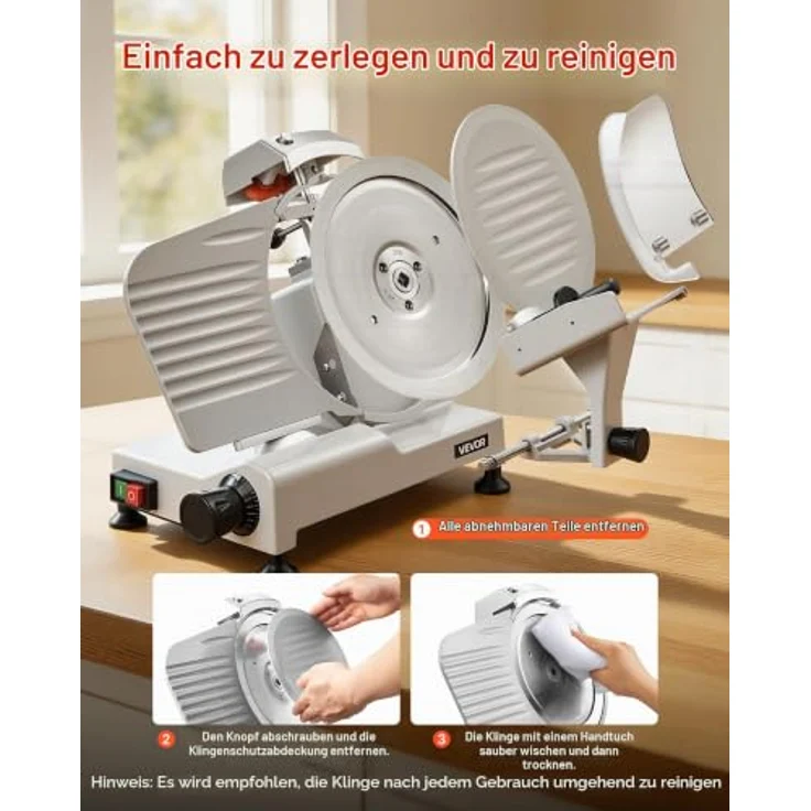 VEVOR Gewerbliche Fleischschneidemaschine 300 W, Elektrische Aufschnittmaschine mit 25 cm Kohlenstoffstahl-Klinge, 0–12 mm Schnittdicke, für gefrorenes Fleisch, Schinken und Baguette – Bild 5
