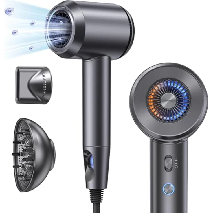 llano Ionen Haartrockner Schnelltrocknender Föhn mit Diffusor 100 Millionen Negative Ionen Hair Dryer 19m/s Luftstrom Bürstenloser Motor, 5 Hitze- und 2 Geschwindigkeitsstufen (perlgrau) – Bild 1