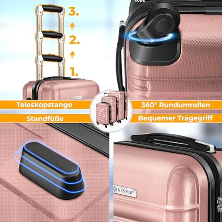KESSER® Handgepäck Reisekoffer 55L Hartschalen-Koffer mit Kofferwaage, Gepäckanhänger und Zahlenschloss, 4 Rollen, ABS-Hartschale, Teleskopgriff, 55x40x25cm, Himbeerrosa – Bild 5