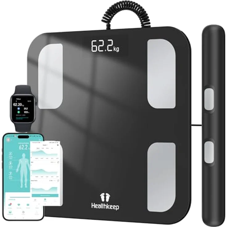 Healthkeep Digitale Körperfettwaage, Bluetooth mit 8 Elektroden, Ganzkörperanalysewaage mit App und Handsensoren, intelligent für 18 analysierte Körperdaten, BMI, Gewicht, Muskelmasse – Bild 1
