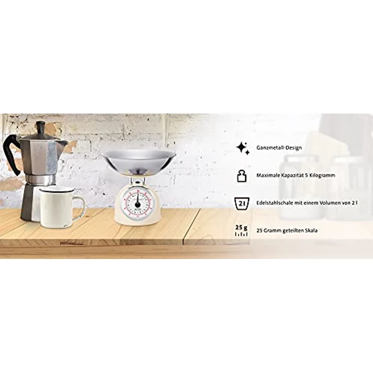 ETA Küchenwaage I Storio I Analoge Retro Waage im Ganzmetall Design I 2 Liter Edelstahlschale I max. 5kg I Beige – Bild 2