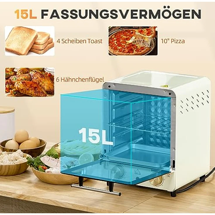 HOMCOM Minibackofen 15L, Pizza-Ofen mit Umluft, 1000 W Elektrischer Mini Ofen inkl. Backblech Set, Krümelblech, 1 Std. Timer, 60-230℃, Cremeweiß – Bild 4