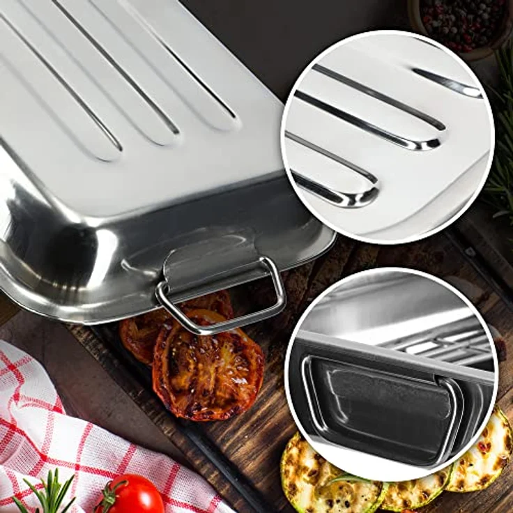KADAX Bräter mit Grillrost, 40 x 28,5 cm, rechteckige Ofenform aus Edelstahl zum Braten von Fleisch, Geflügel, Fisch & Gemüse – Bild 3