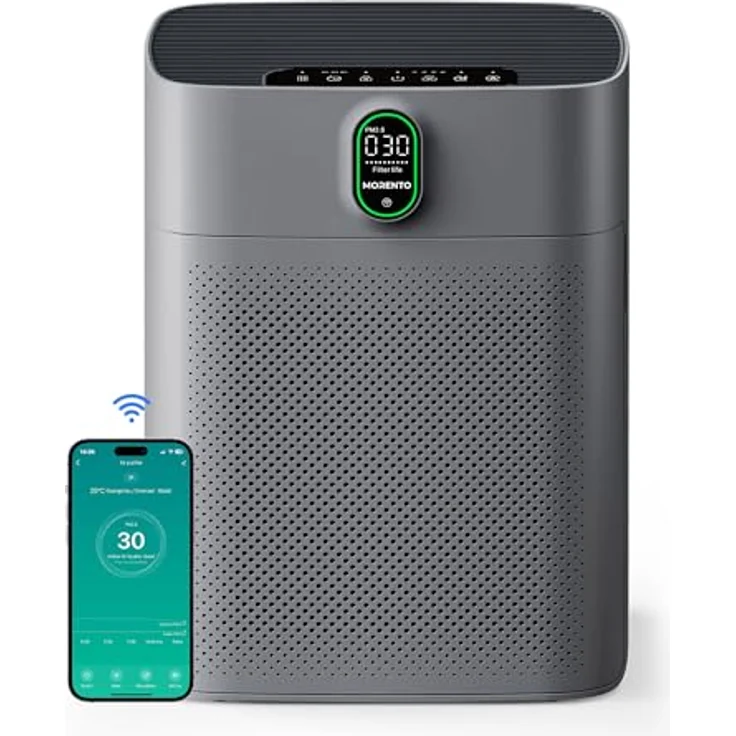 MORENTO Luftreiniger HY4866-WF, CADR 300 m³/h, für bis zu 100 m², WLAN und Alexa kompatibel, PM2.5 Luftqualitätsanzeige, leiser Modus 24 dB, Grau – Bild 1