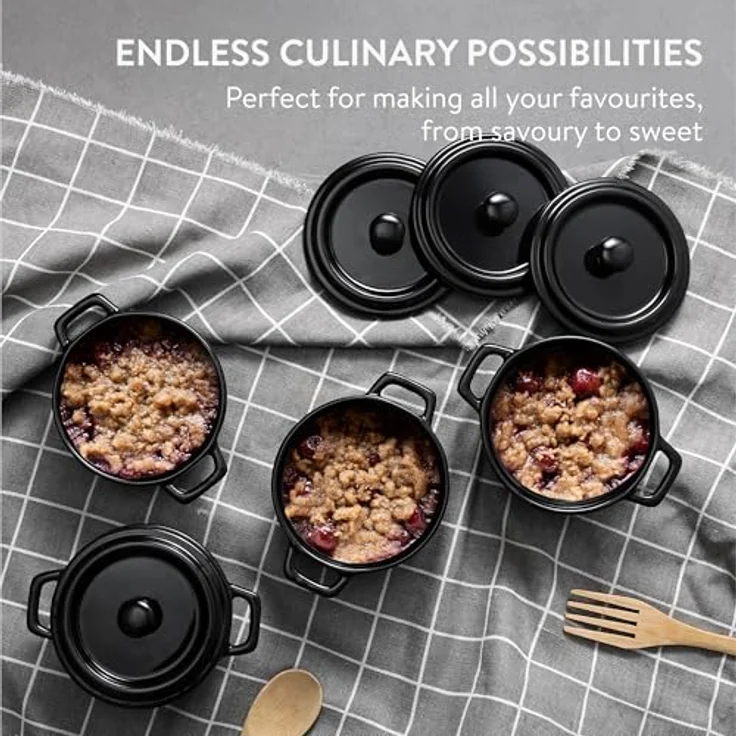 Navaris Mini Cocotte - Vielseitige Mini Auflaufform mit Deckel ofenfest - 4er Set - Souffle Förmchen - Ideal für Lasagne, Pudding, Omelettes, Suppen - Keramik - Schwarz – Bild 5