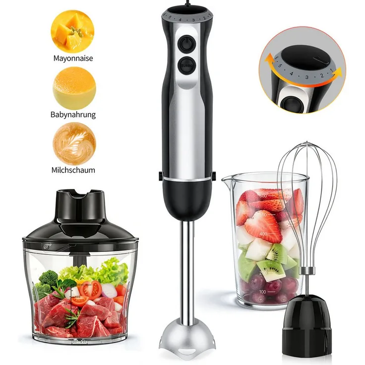 ibettertec Stabmixer 4-in-1, Elektrischer Pürierstab mit 6 Geschwindigkeiten + Turbo, 1000 W, Edelstahl, für Soßen, Babynahrung und Suppen