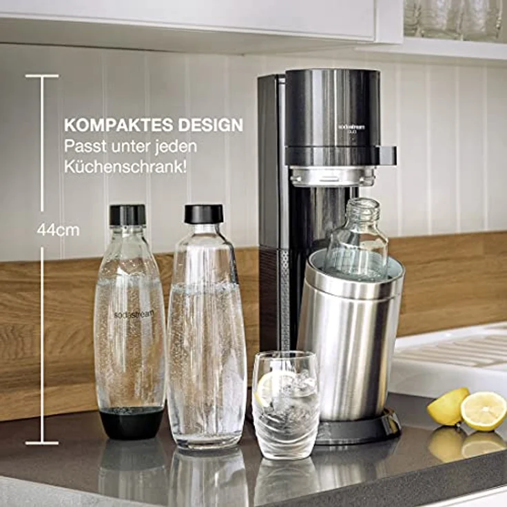 SodaStream Wassersprudler DUO Comfort-Set mit CO2-Zylinder, 2X 1L Glasflasche, 2X 1L spülmaschinenfeste Kunststoff-Flasche und sytlischem Flaschenhalter, Höhe: 44cm, Farbe: Titan – Bild 3