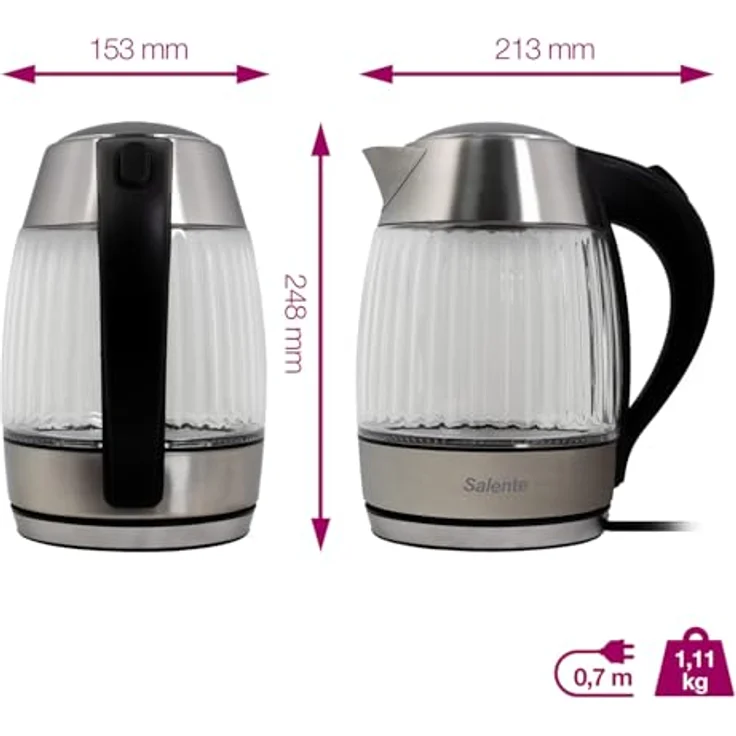 SALENTE StripeGlass Edelstahl-Glaskessel, 1,8 L, verstärktes Borosilikatglas, Anti-Kalk-Filter, Trockenlaufschutz, 2200 W, LED-Licht mit roter Hintergrundbeleuchtung – Bild 3