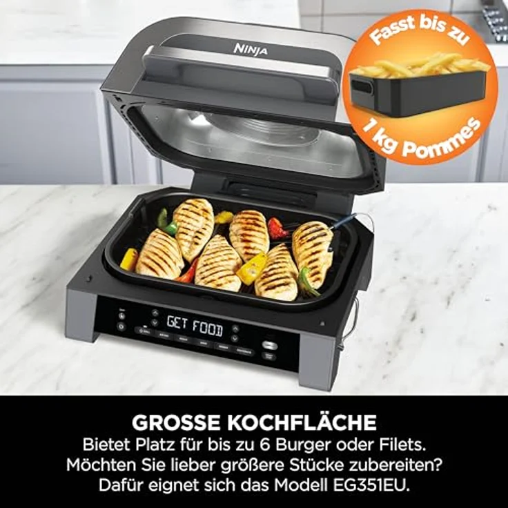 Ninja MAX 6-in-1-Grill & -Heißluftfritteuse für den Innenraum, 6 Kochfunktionen, für bis zu 6 Burger, 3,8-l-Fassungsvermögen, kaum Rauch, digitales Bratthermometer, Grau/Silber – Bild 4