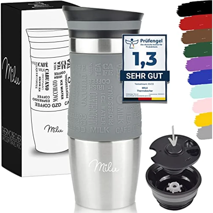 Milu Thermobecher 370ml Isolierbecher Kaffeebecher to go - 100% Auslaufsicher - Trinkbecher aus Edelstahl - Autobecher doppelwand Isolierung - Thermo Becher - Travel Mug (Grau, 370ml) – Bild 1