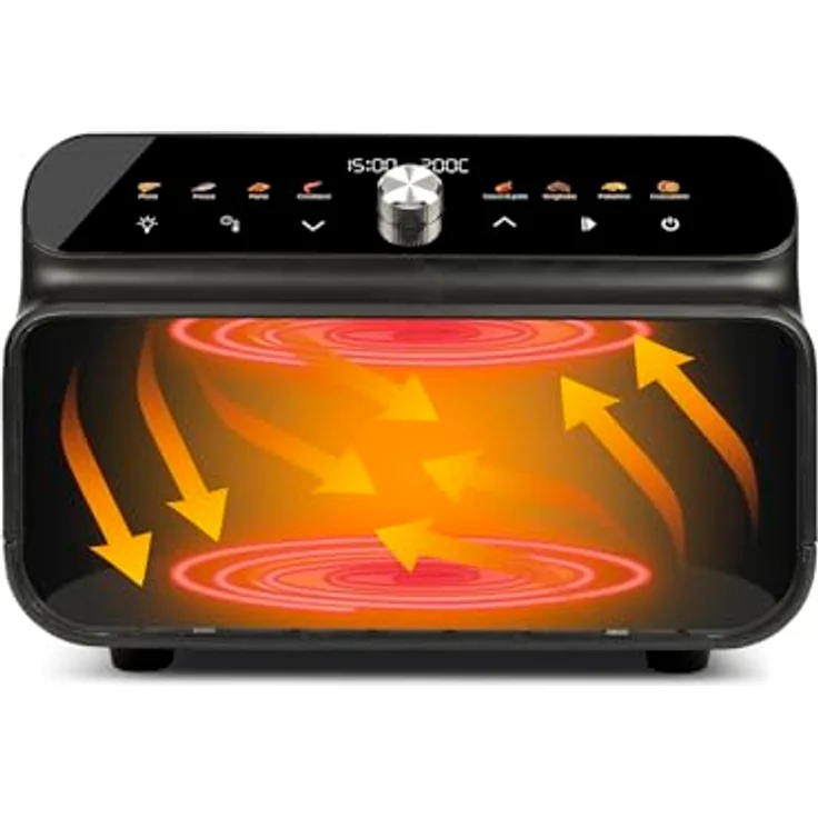 Girmi FG77 Heißluftfritteuse und Grill, 10 Liter, 2000 W, 50–230°C, Digitaldisplay, Smokeless Barbecue, Antihaft-Zubehör, Schwarz/Edelstahl – Bild 3