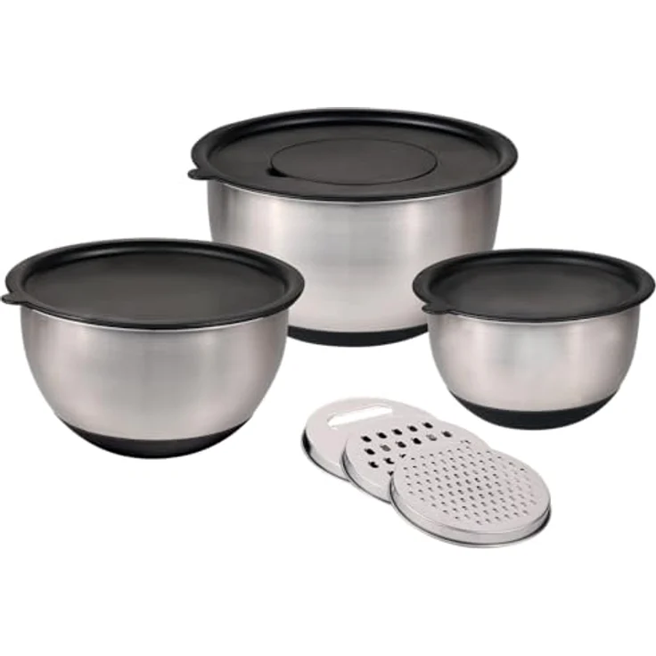 Kesper Edelstahl-Schüssel Set, 3 Rührschüsseln mit Deckel und 3 Reiben, rutschfester Silikonboden, Ø 18/22/26 cm, luftdicht verschließbar, 1,2-4 Liter – Bild 1