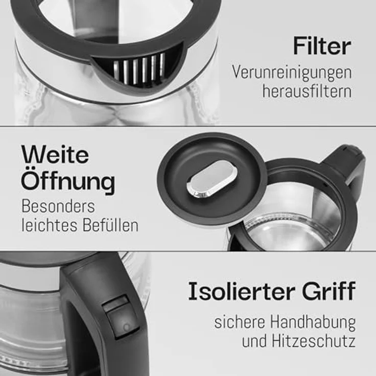 Lebenlang Glas-Wasserkocher 1,2 L, 1500 W – energieeffizient, 360°-Sockel, Edelstahl-Optik, automatische Abschaltung – Bild 5