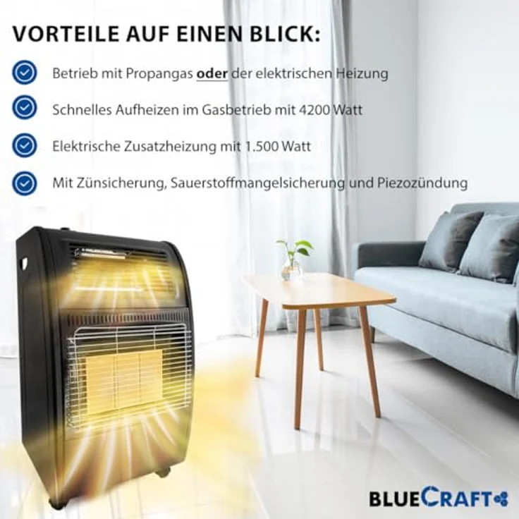 Bluecraft Infrarot Gas-Heiz-Ofen 4,2 kW mit elektrischer Heizung Camping Gasregler 🔥 – Bild 3