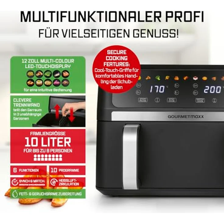 GOURMETmaxx Heißluftfritteuse AirGenius 10 l (2 x 5 l), Vario-Kammer, 2800 W, 10 Programme, Multi-Colour-LED-Touch-Display – Bild 3