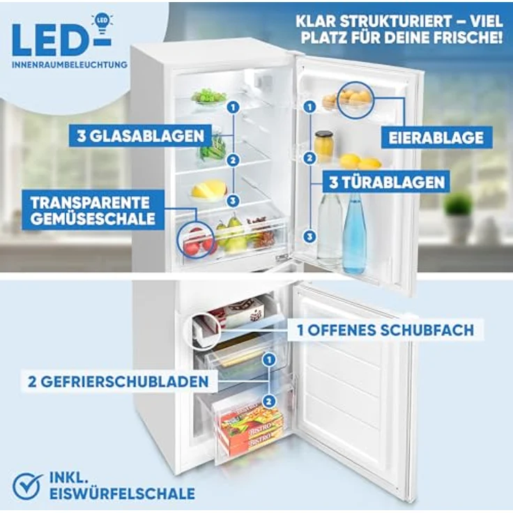 Bomann Kühlschrank mit Gefrierfach 143cm hoch | Kühl Gefrierkombination 173L mit 3 Ablagen & 3 Schubladen | leise Kühlgefrierkombi 40db | Kühlschrank KG 7359 weiß – Bild 2