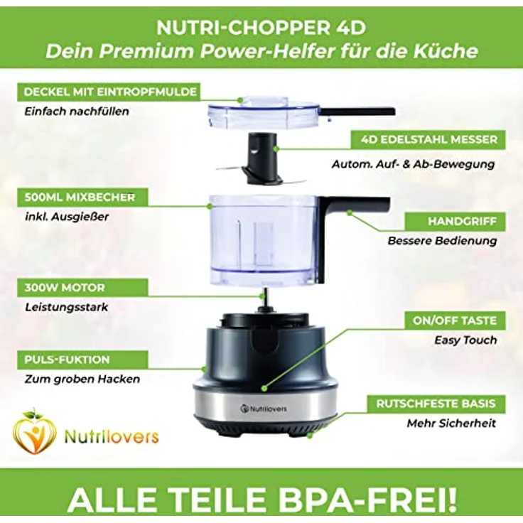 NUTRI-CHOPPER 4D Zerkleinerer Küche elektrisch mit AUTO-BLADE Funktion – BPA-frei – Deutsche Marke – Food Processor Universalzerkleiner Multizerkleinerer Zwiebel Fleisch Nüsse Pesto – Bild 5