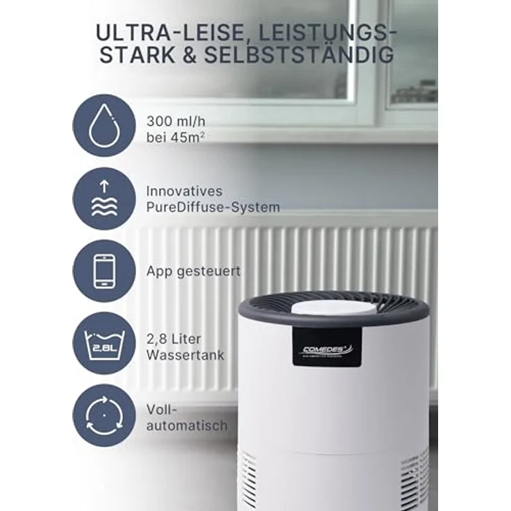 Comedes Umecto 300 Luftbefeuchter für Räume bis 45m², Kaltverdunstung, Tank 2,8 l, Smart-Home fähig, in 3 Farben mit Luftfeuchtigkeitsindikator – Bild 3
