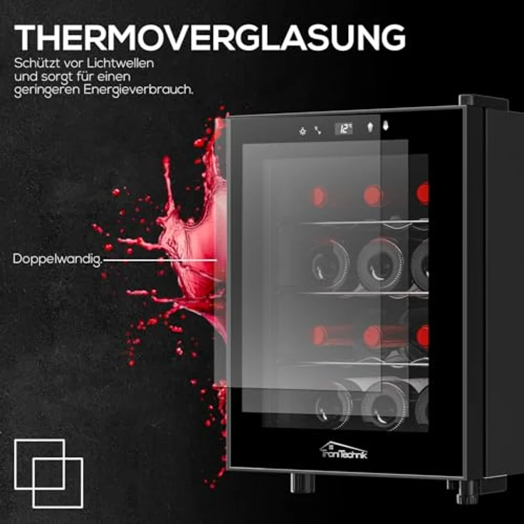 Tronitechnik® Weinkühlschrank Bordeaux, freistehender Mini-Kühlschrank mit 31 Litern, für 12 Flaschen, inklusive LED Licht und herausziehbaren Einschüben, präzise Temperatursteuerung von 5 bis 18°C – Bild 5