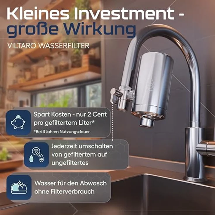 VILTARO Wasserhahnfilter, BPA-frei, Edelstahl, Aktivkohlefilter, 3000 l Kapazität, 2 Cent/l – Bild 3