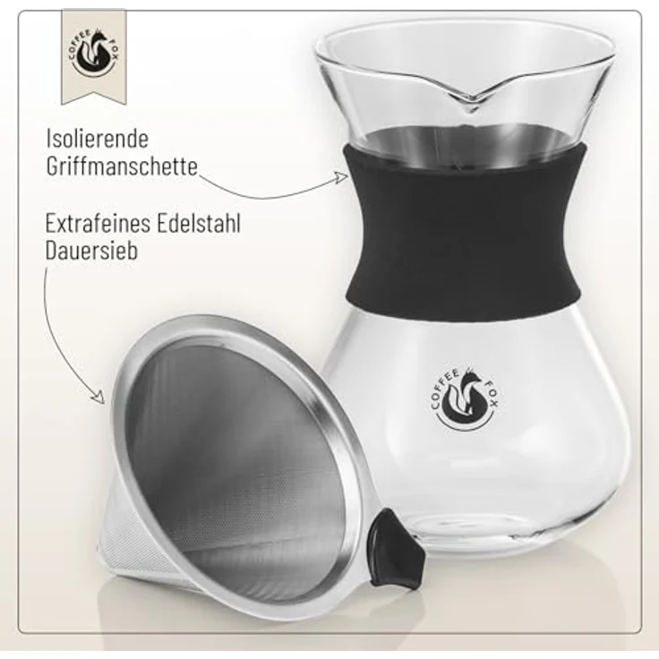 Coffee Fox Kaffeebereiter, Pour Over - 650 ml Glaskaraffe mit Edelstahlfilter, spülmaschinenfest und nachhaltig – Bild 4