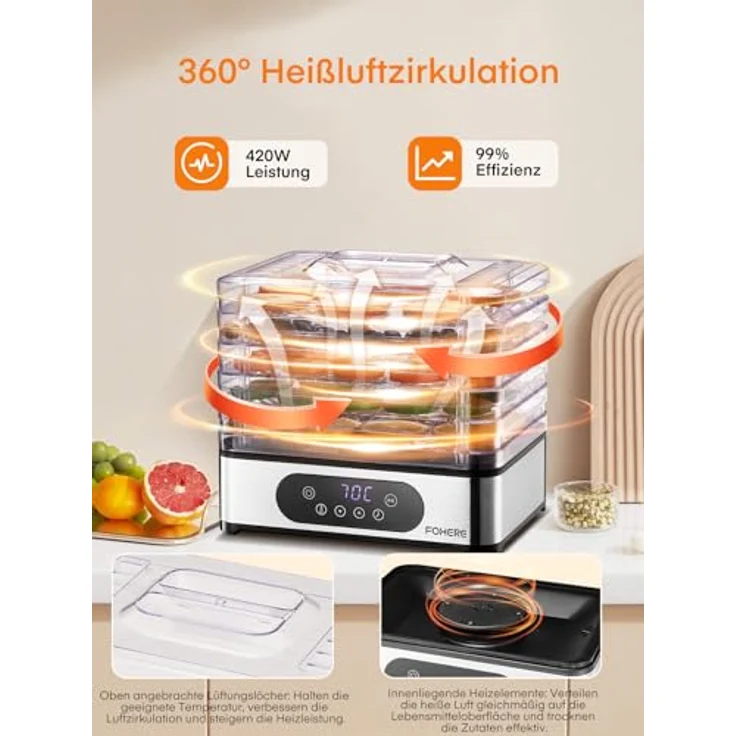 FOHERE Dörrautomat Edelstahl, Dörrgerät mit 5 höhenverstellbaren Tabletts, LED-Anzeige, 420W, 35-70°C, 48h-Timer, BPA-frei für Lebensmittel und Snacks – Bild 4