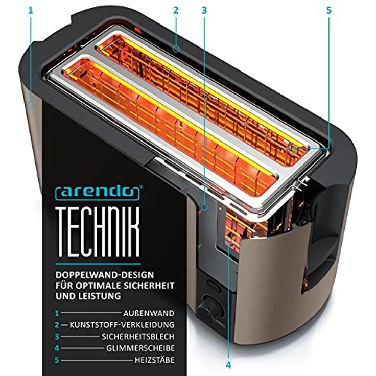 Arendo 4-Schlitz-Toaster, Langschlitz, Defrost Funktion, wärmeisolierendes Gehäuse, braun – Bild 3