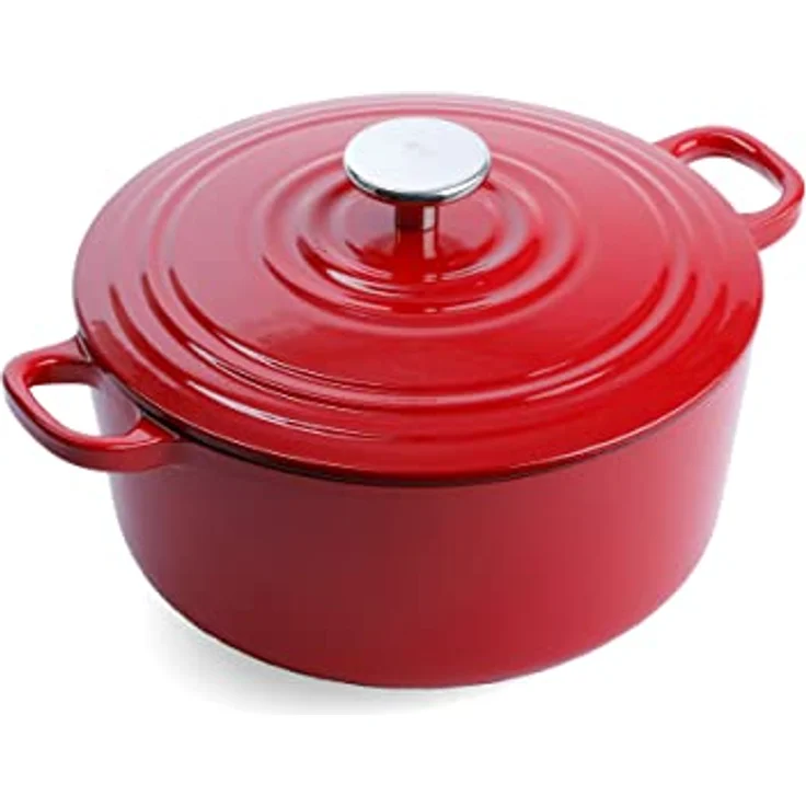 BK Cookware Deutsches Emaille-Gusseisen, 24 cm/4,2 Liter Schmortopf Auflaufform mit Deckel, Dutch Oven, Bräter, Feuertopf, Induktion, Spülmaschinenfest, Backofenfest bis zu 220°C, Chili Rot – Bild 1