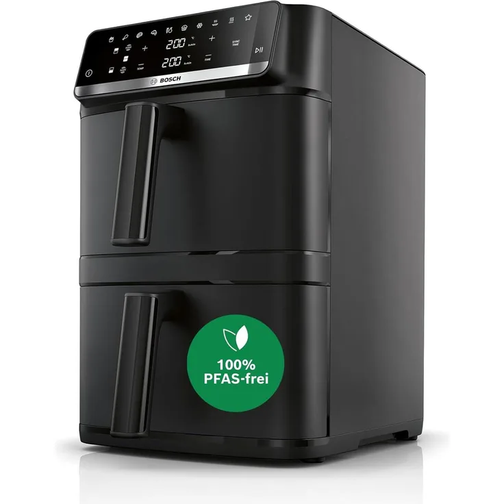 Bosch Serie 6 MAFD661B7, Heißluftfritteuse mit 12 l Doppel-Kapazität, Schwarz, Touchdisplay, einschließlich 6 voreingestellter Programme