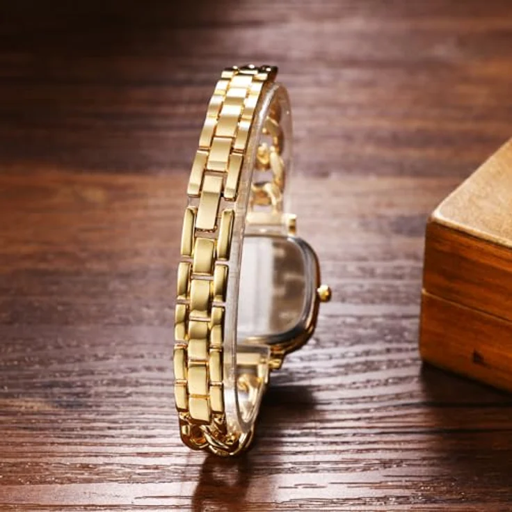 JewelryWe Kleine Quadratische Damenuhr mit Zirkonia, Analog Quarz, Gold Kubanisches Armband, Metallarmband & Eckigem Zifferblatt – Bild 3