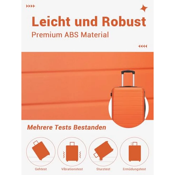 Shavont Kofferset 3-teilig, Hartschalenkoffer (ABS) in Orange mit Handgepäck 55x40x20 cm, mittelgroß L 66x45x26,5 cm, groß XL 76x50x29 cm, 4 leise 360° Doppelrollen, integriertes Schloss – Bild 3